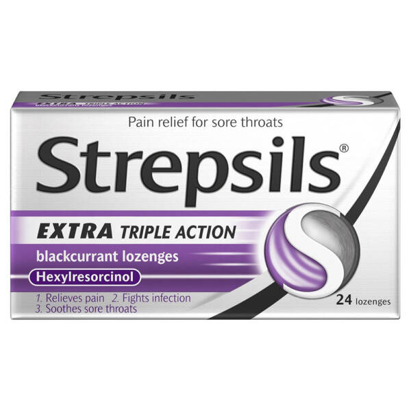Strepsils Extra Triple Action Blackcurrant Lozenges 24 Lozenges